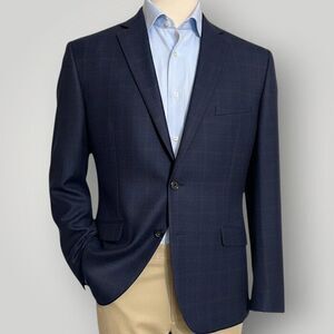 TALLIA Mens Blazer Sport Coat Two Button Jacket 44R Wool Blue/Navy Plaid Wool